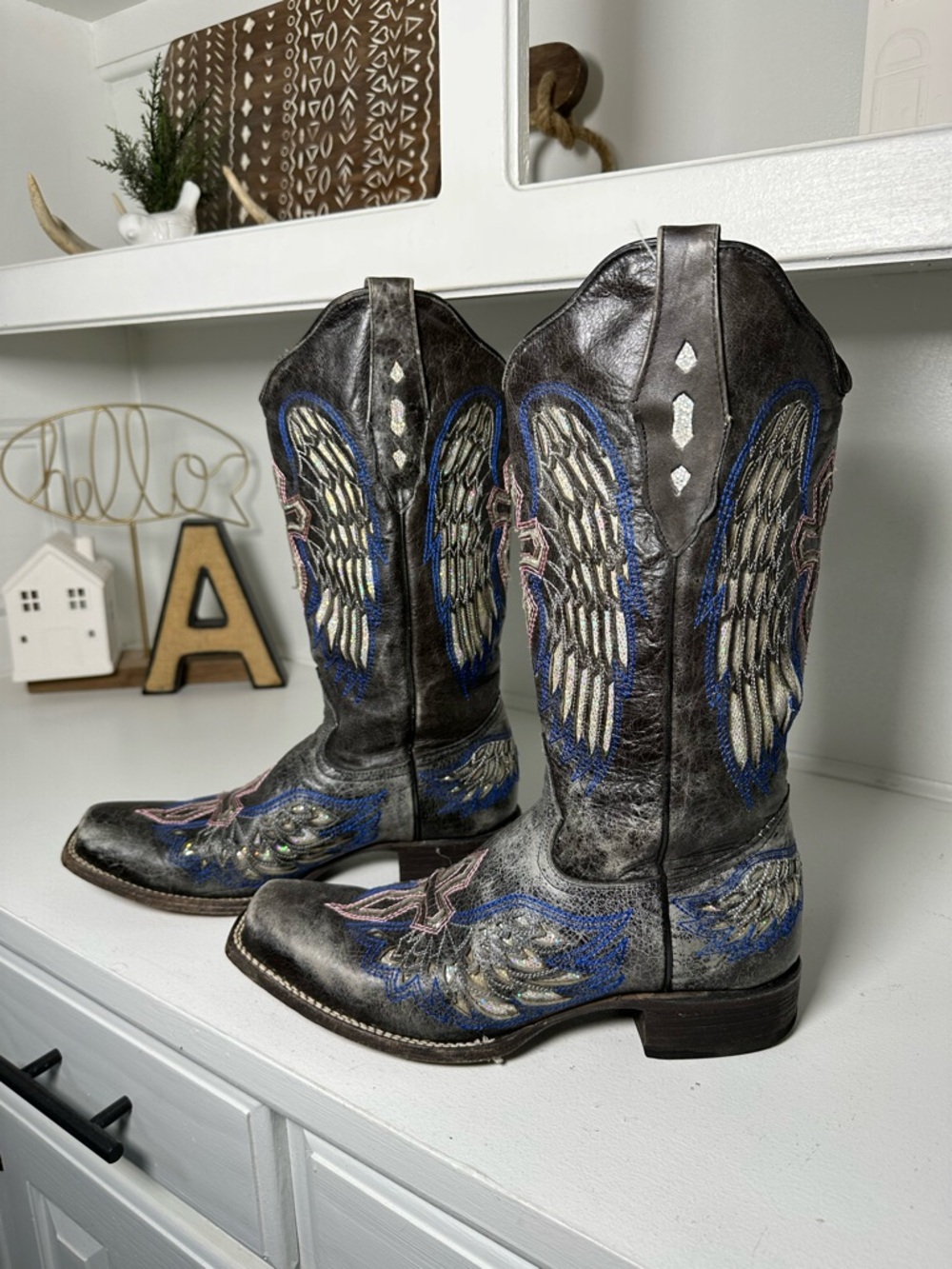 Cowtown Womens 10 Wing Embroidered Cowboy Boots Black Blue Leather Western